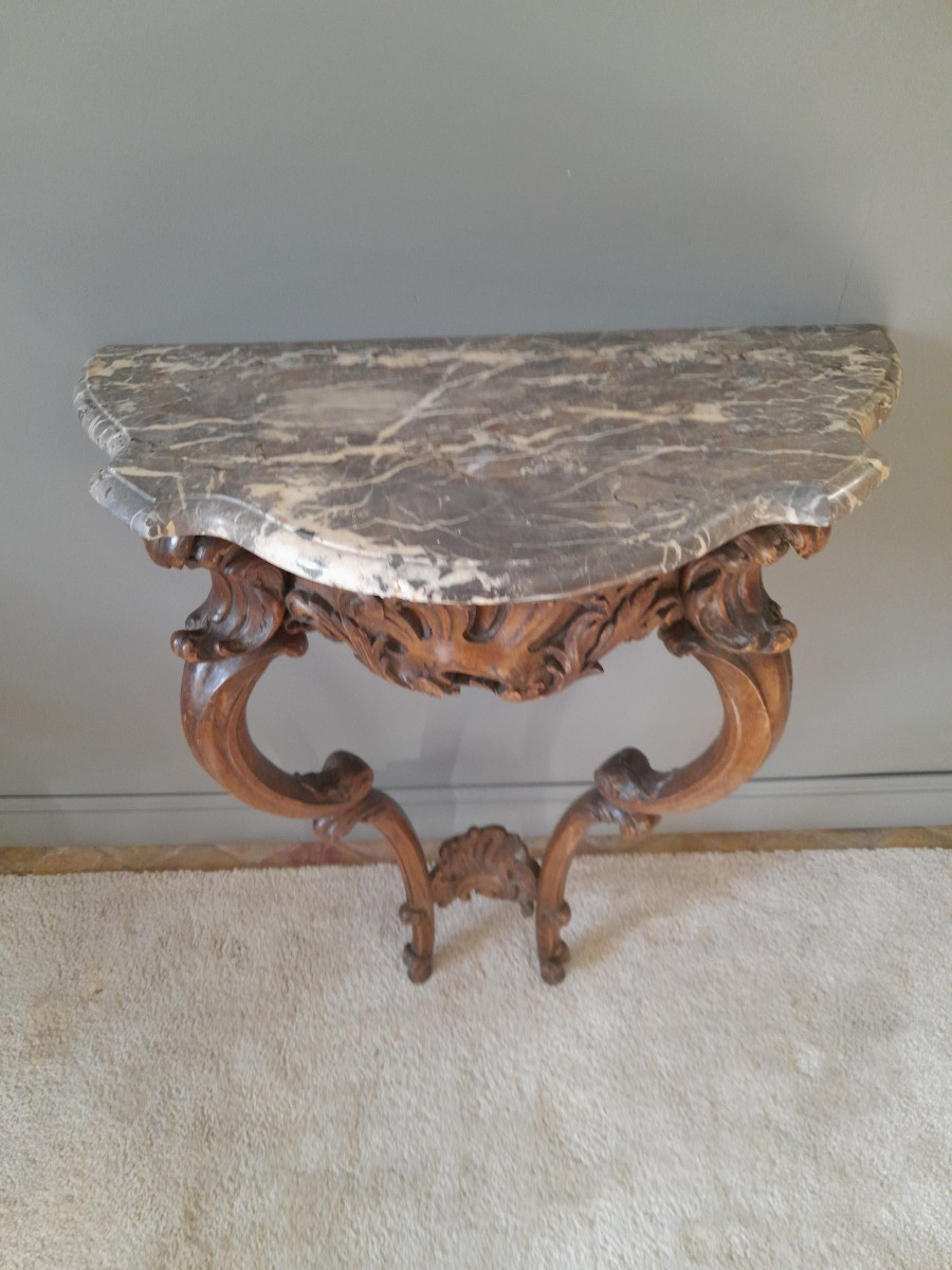 Console en noyer  dessus de marbre gris Saint Anne style Louis XV-photo-3
