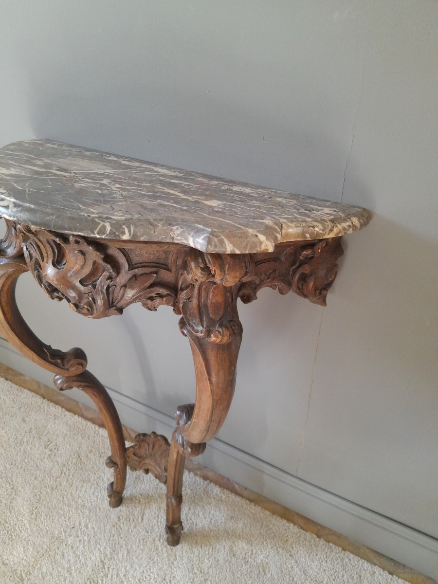 Console en noyer  dessus de marbre gris Saint Anne style Louis XV-photo-1
