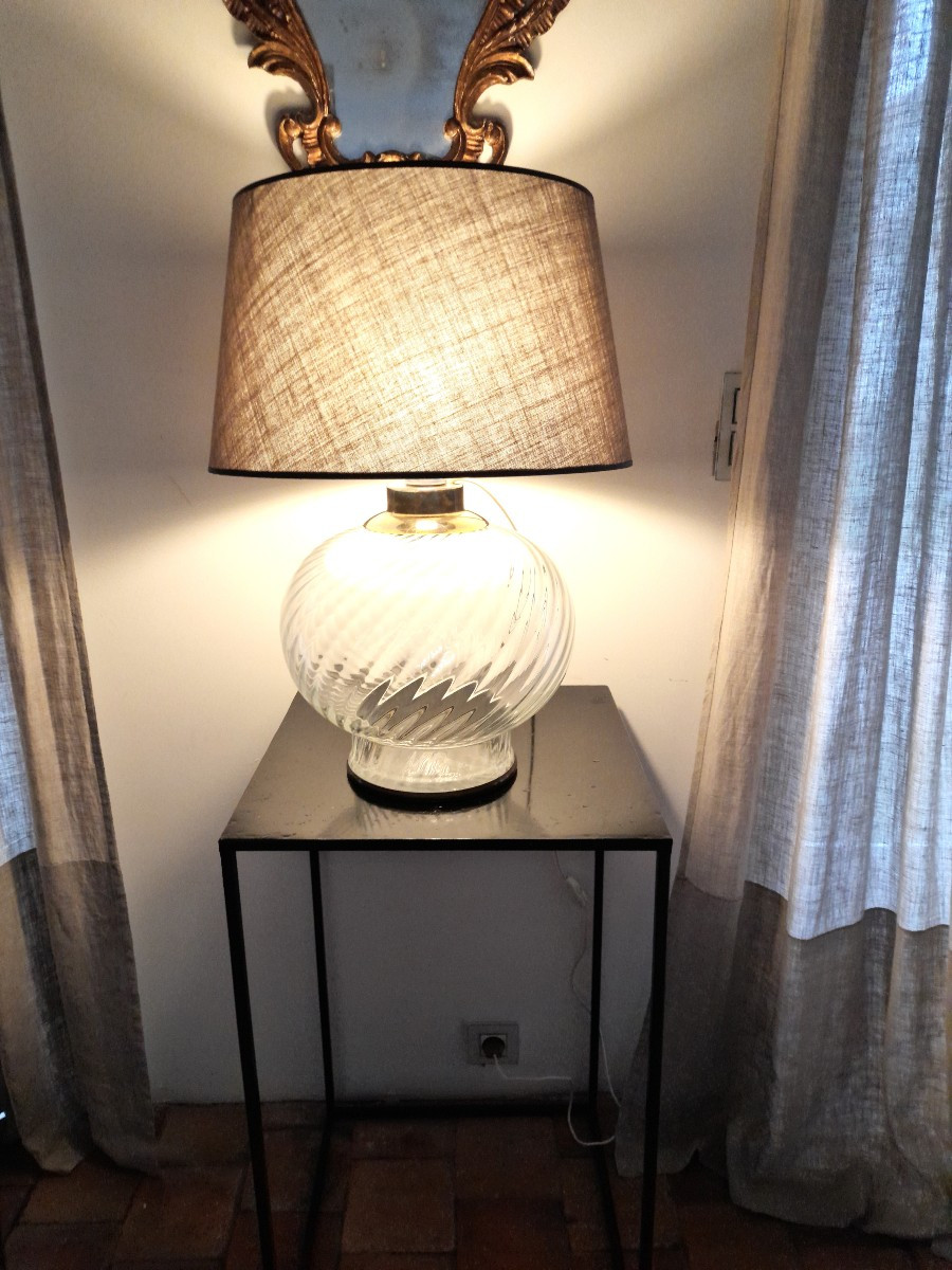 Large Clear Glass Lamp With Spiral Patterns
