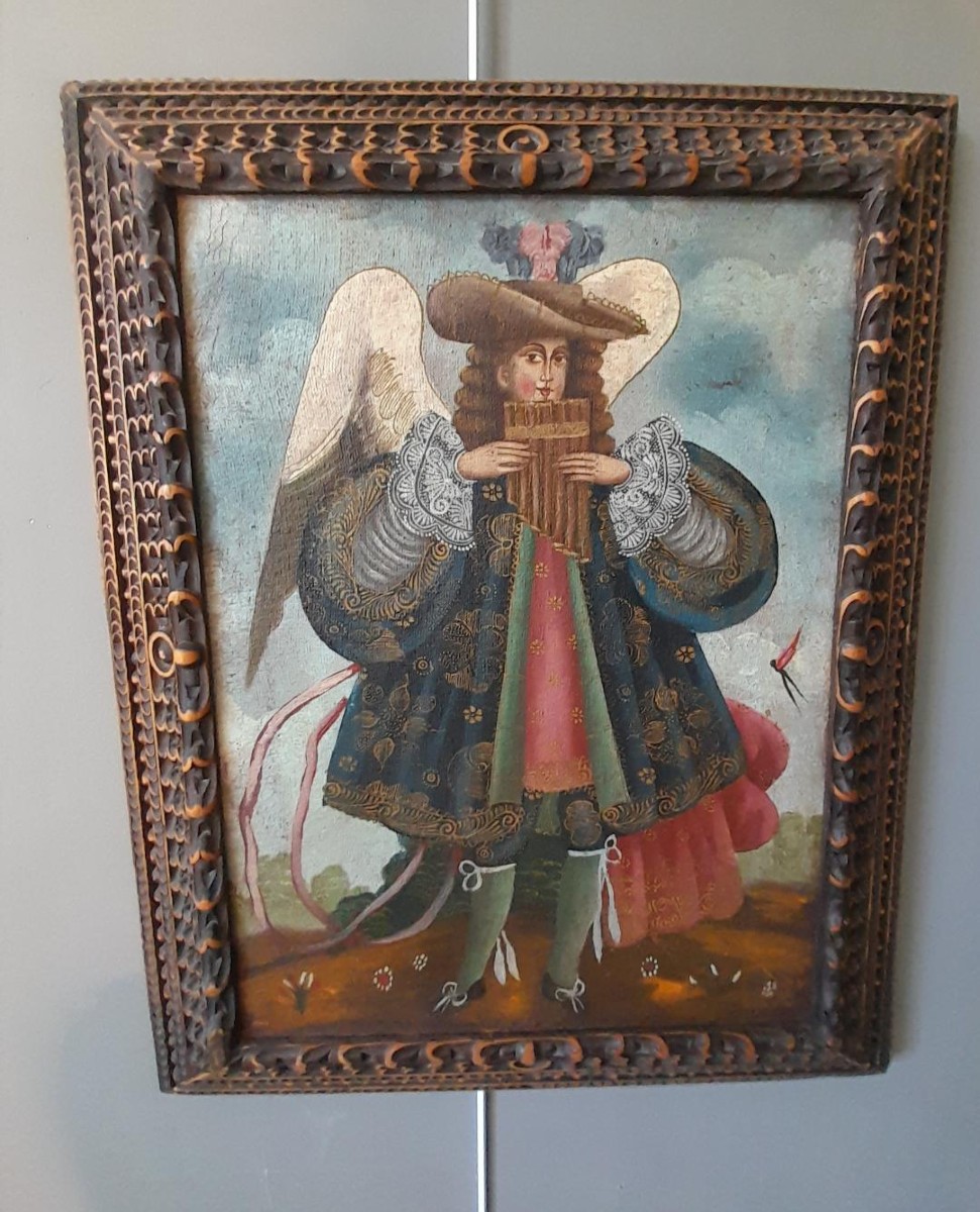 HUILE SUR TOILE, ÉCOLE DE CUZCO ARCHANGE MUSICIEN