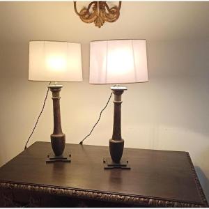 Pair Of Wooden Column Lamps