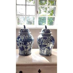 Pair Of Covered Earthenware Jars