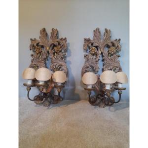Pair Of Italian Carved Wooden Wall Lights