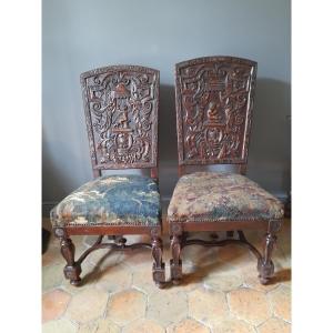 Pair Of High-backed Chairs In The 17th Century Style 
