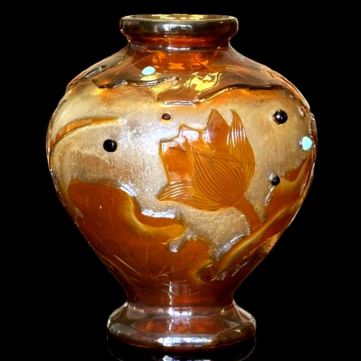 Vase Gallé à cabochons au décor de nénuphars circa 1905-photo-3