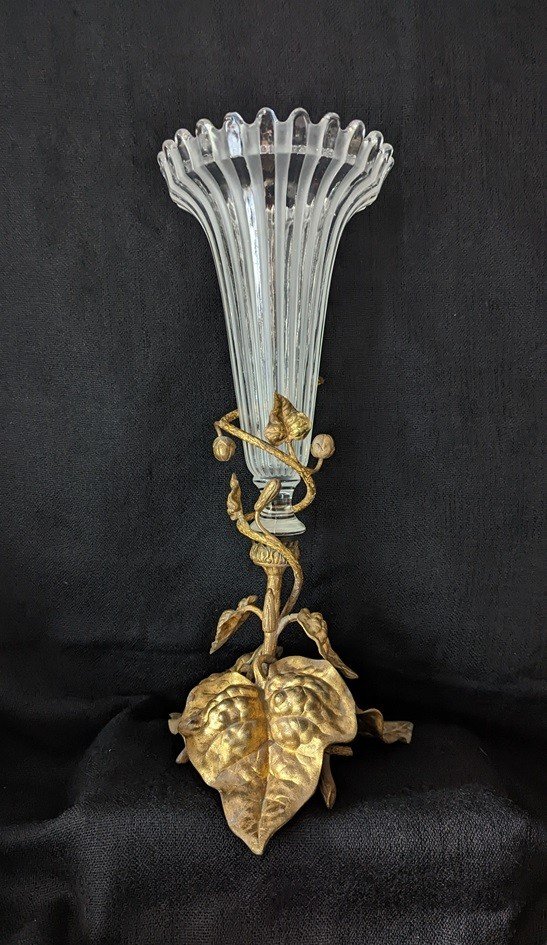 Grand Vase Cornet En Cristal Et Bronze-photo-6