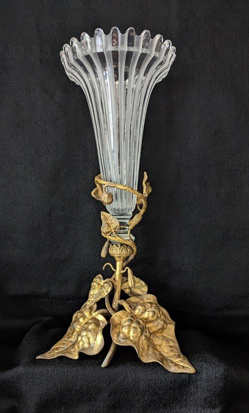 Grand Vase Cornet En Cristal Et Bronze