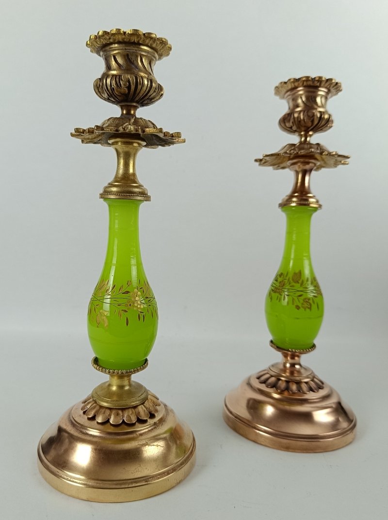 Paire de bougeoirs en opaline verte – Napoléon III-photo-3