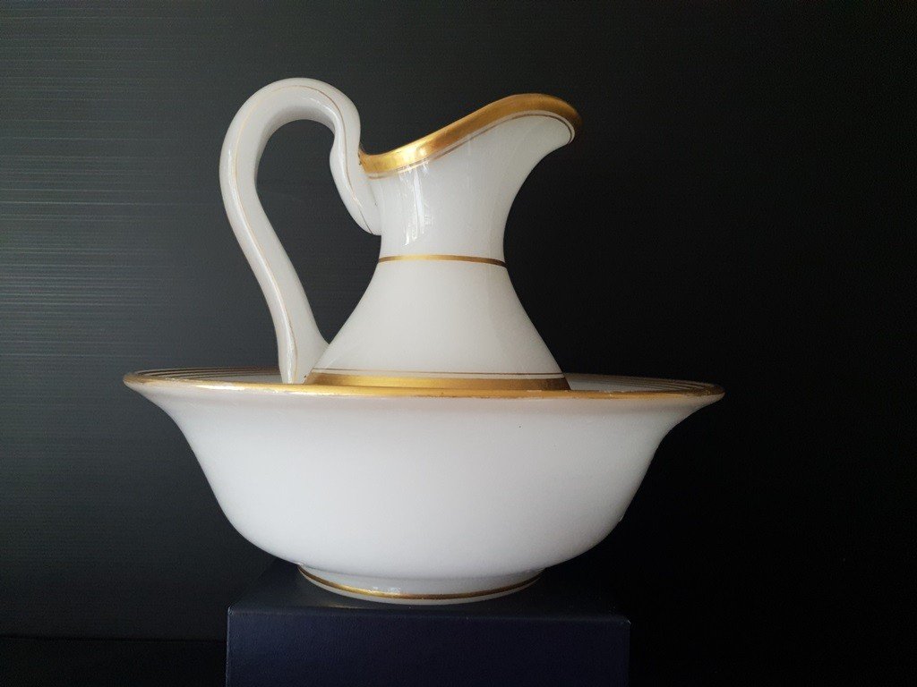 White And Gold Opaline Toilet Bowl And Pitcher