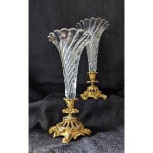 Pair Of Cornets In Molded Crystal And Gilt Bronze