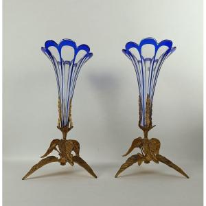 Paire de vases cornets en cristal doublé - Napoléon III