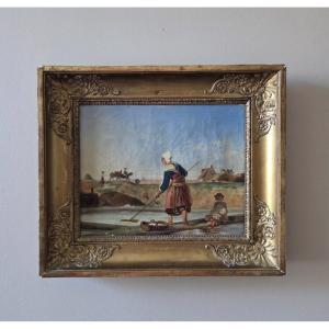 Tableau _ Paludière dans marais salants de Guérande _ Epoque Restauration
