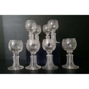 Eight Engraved Crystal Rhinestone Wine Glasses.