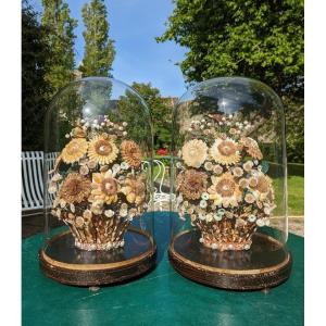 Beautiful Pair Of Large Bouquets In Shells Under Globe.