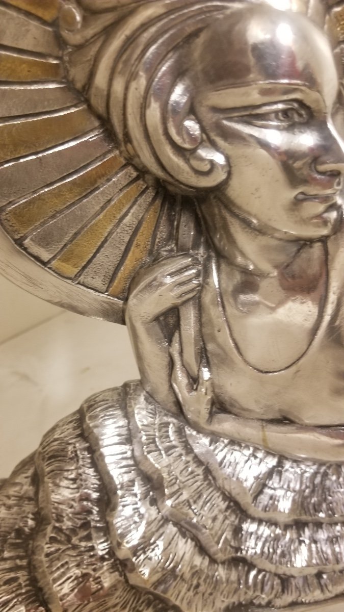 Silver Bronze Sculpture "woman On A Canoe" Signed Marie Louise Simard-photo-2