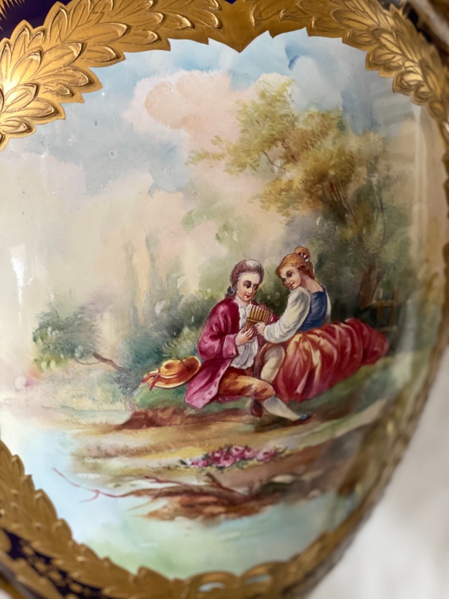 Pair Of Vases, Bleu De SÈvres, A Romantic Decor. Napoleon III Period. Ref: 368.-photo-3