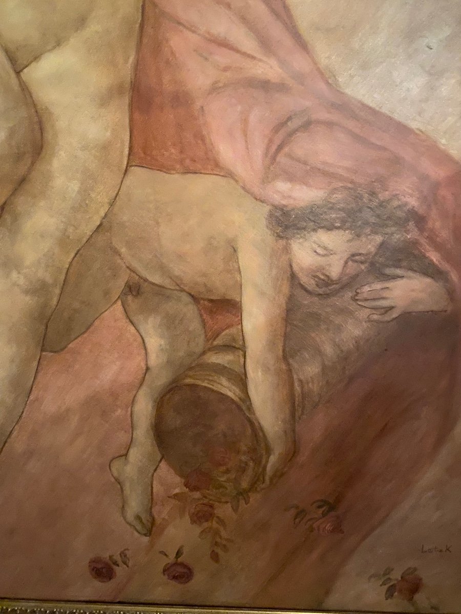 Grande Peinture  Art Nouveau, Femme Nue Et Enfants. Signé Karl Lotz. Ref: 76-photo-3