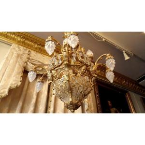 Bronze And Crystal Chandelier, Topped With 12 Frosted Glass Flames. Ref: 328