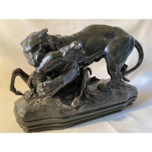 Bronze Signed By Barye. Panther Devouring An Antelope. Ref: 42