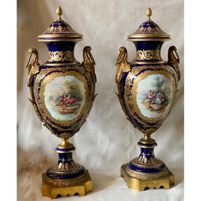 Pair Of Vases, Bleu De SÈvres, A Romantic Decor. Napoleon III Period. Ref: 368.