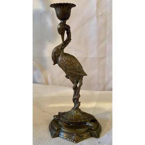 Bronze Candlestick, Heron On A Turtle. Ref: 257