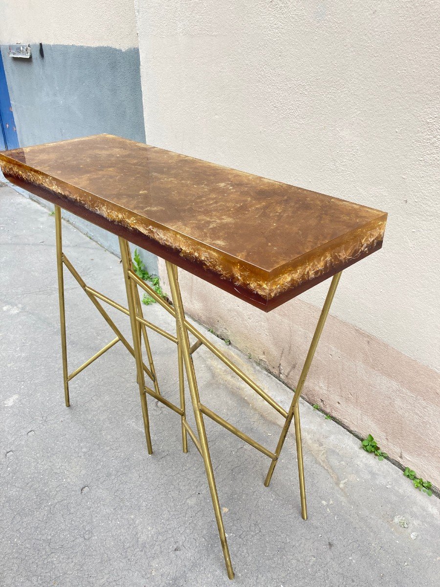 Rare Brass Console And Crushed Icel Resin Top By Marie-claude De Fouquières-photo-3