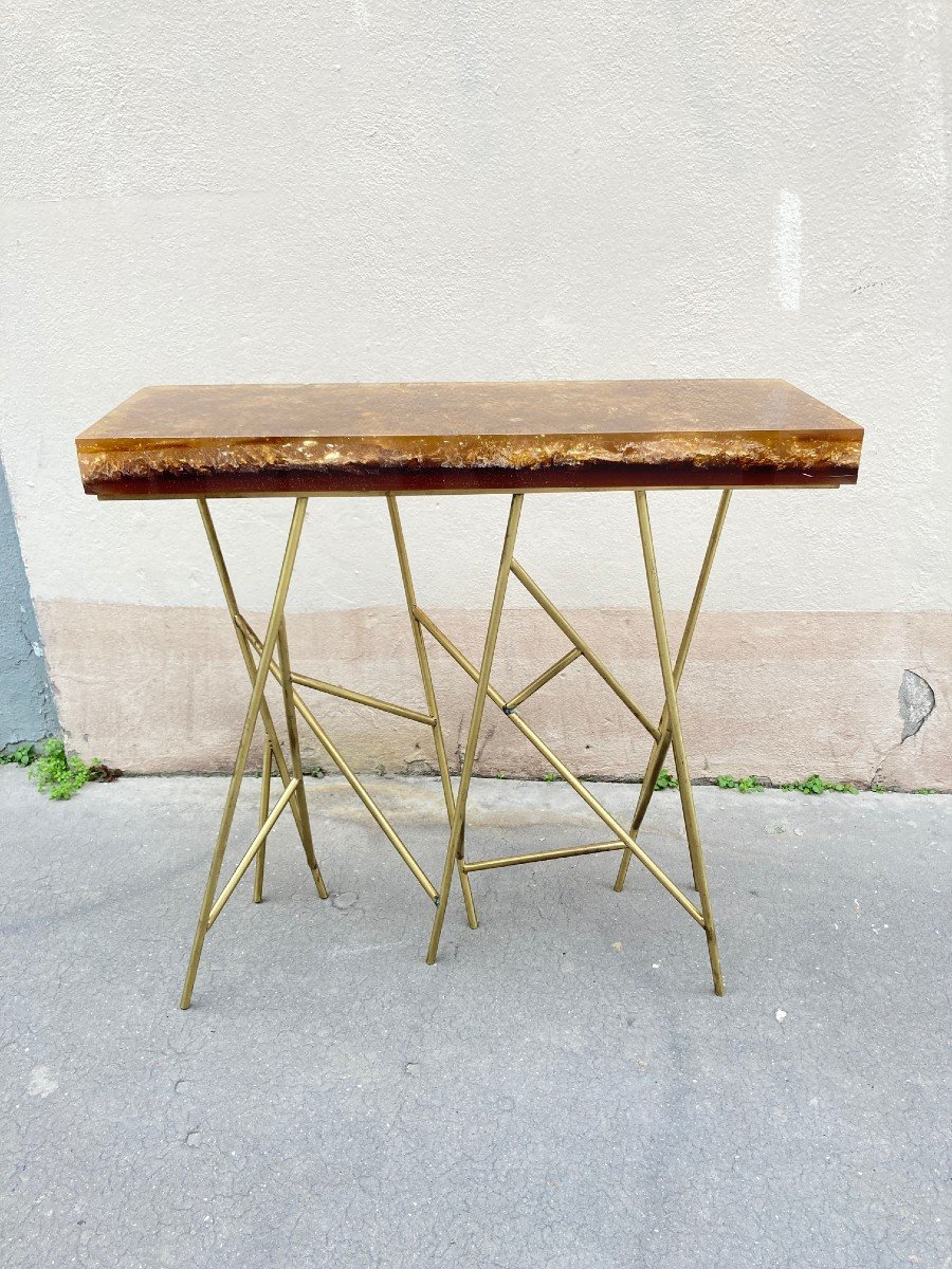 Rare Brass Console And Crushed Icel Resin Top By Marie-claude De Fouquières-photo-1