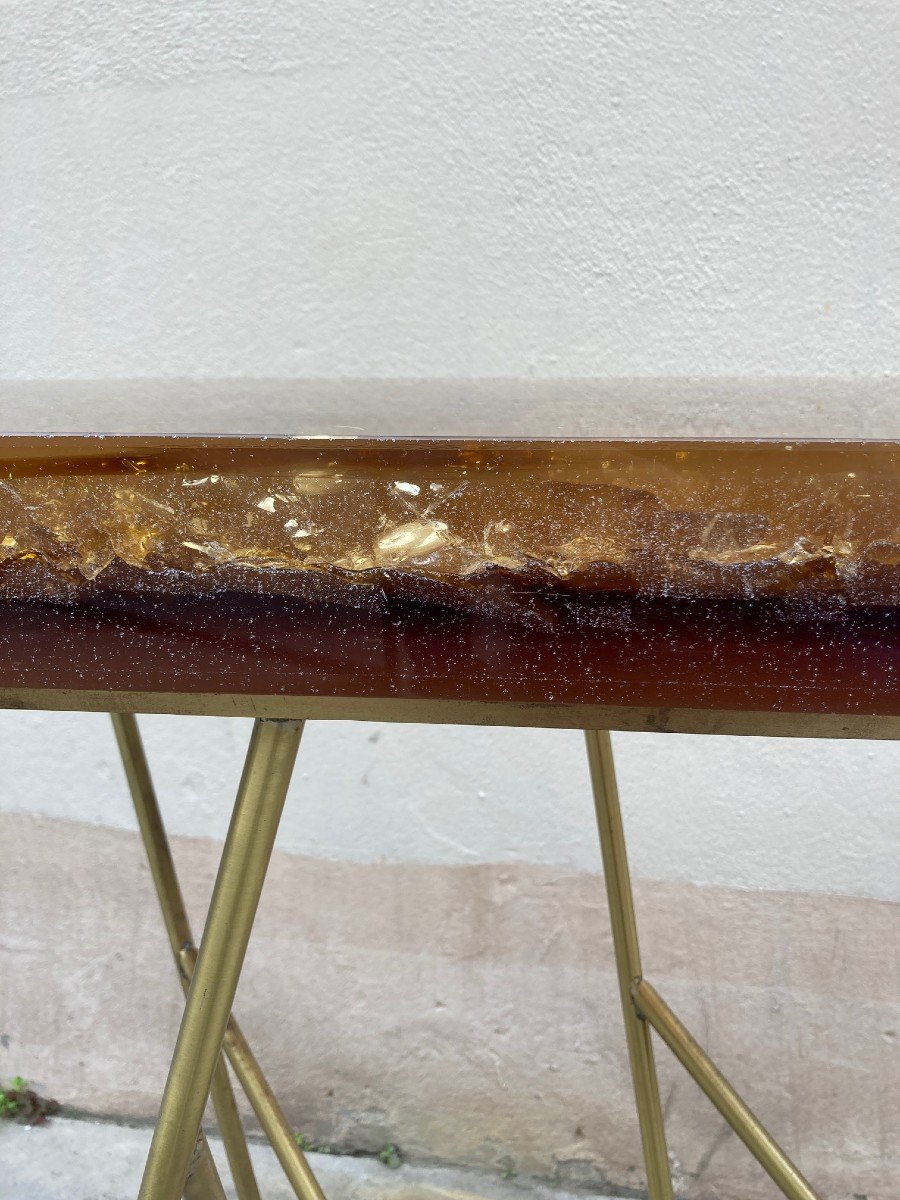 Rare Brass Console And Crushed Icel Resin Top By Marie-claude De Fouquières-photo-6