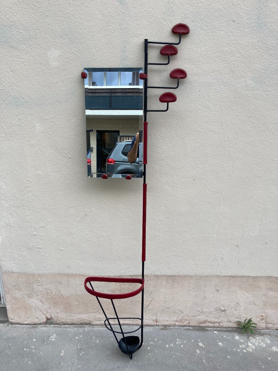 Large Coat Rack In Metal And Stitched Leather By Jacques Adnet