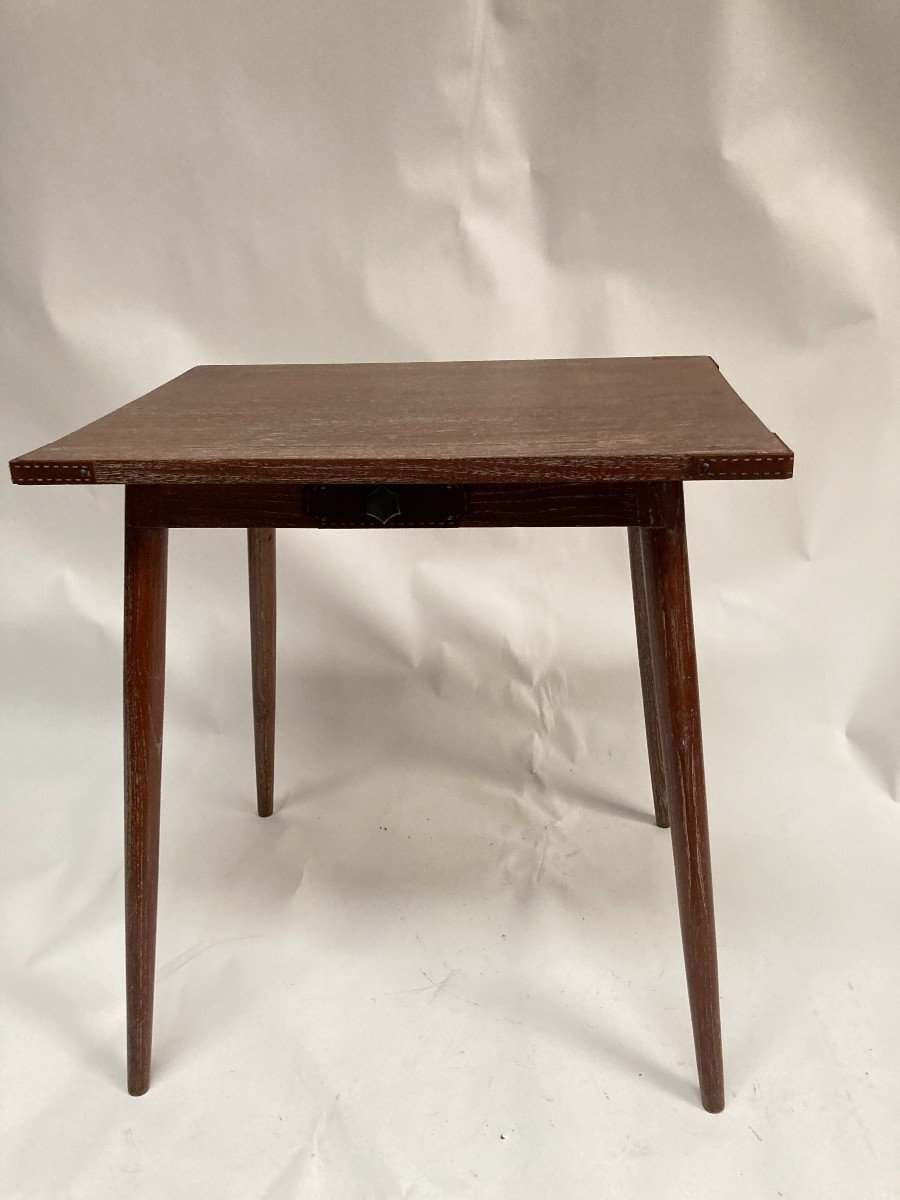 Limed Oak Table With Saddler Stitched Leather Pieces By Jacques Adnet-photo-1