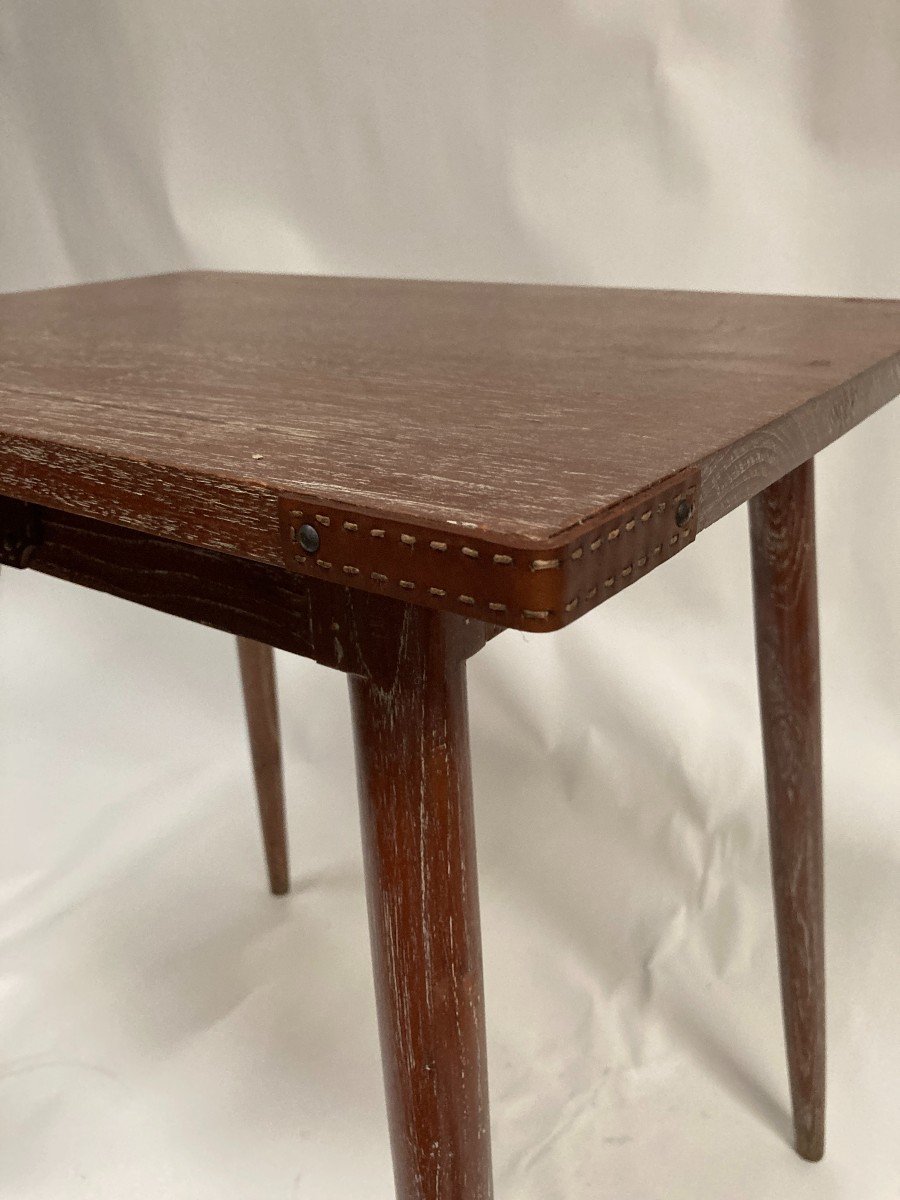 Limed Oak Table With Saddler Stitched Leather Pieces By Jacques Adnet-photo-2