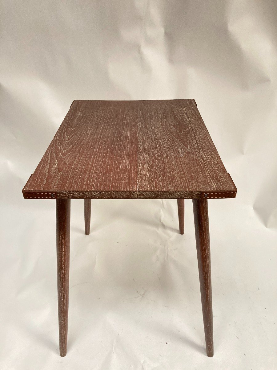 Limed Oak Table With Saddler Stitched Leather Pieces By Jacques Adnet-photo-4