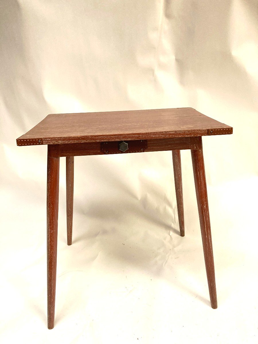 Limed Oak Table With Saddler Stitched Leather Pieces By Jacques Adnet