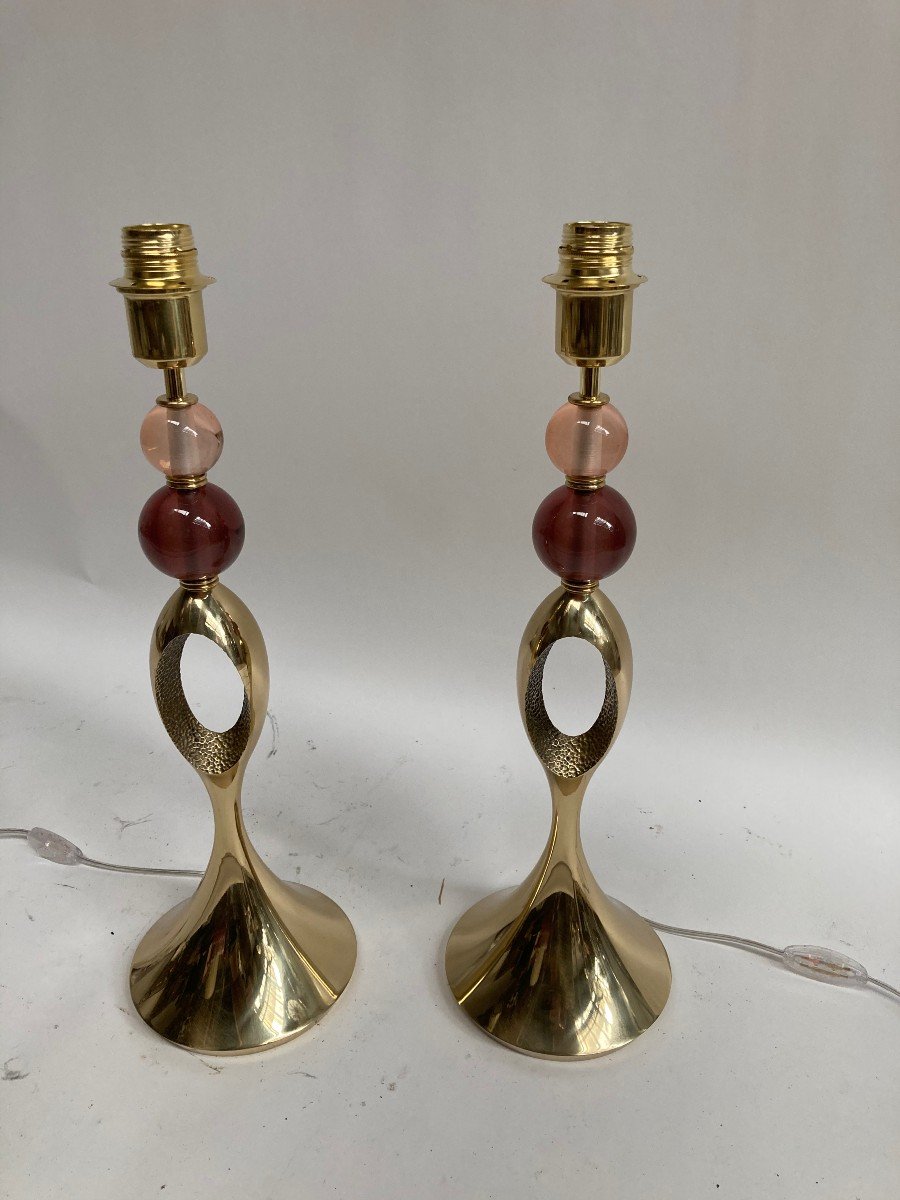 Paire De Lampes En Bronze Et  Verre -photo-4