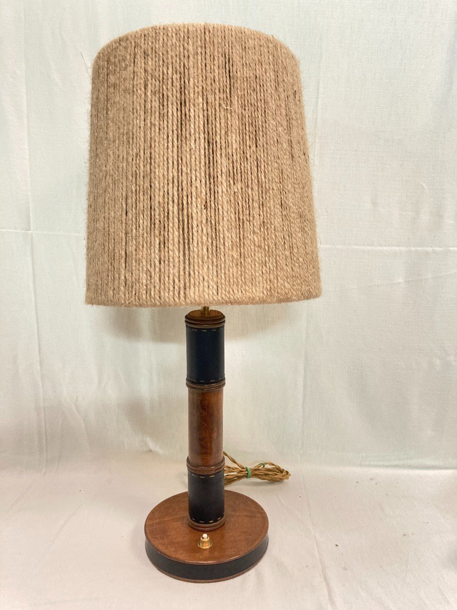 Sellier Wood And Quilted Leather Lamp By Jacques Adnet