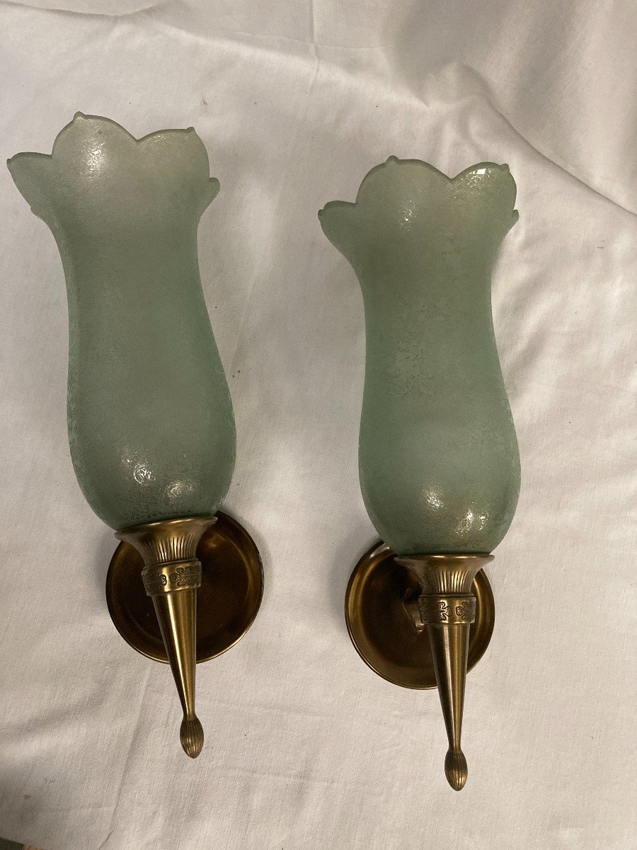 Pair Of Bronze And Murano Glass Sconces By Veronese-photo-2