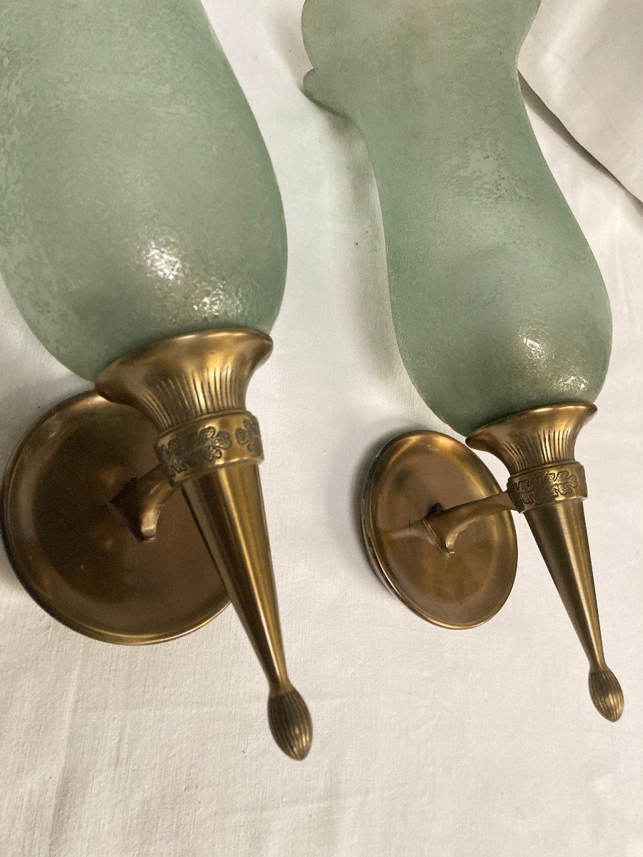 Pair Of Bronze And Murano Glass Sconces By Veronese-photo-3