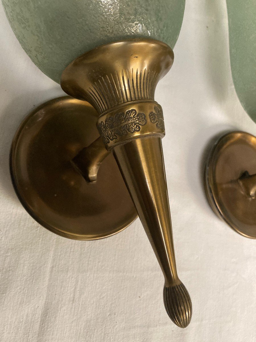 Pair Of Bronze And Murano Glass Sconces By Veronese-photo-4