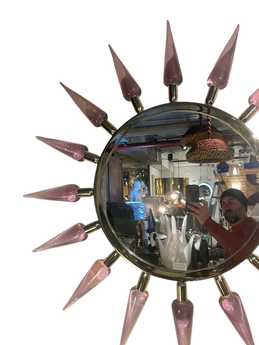 Miroir En Verre De Murano Et Laiton Attribué à Gino Cenedese-photo-5