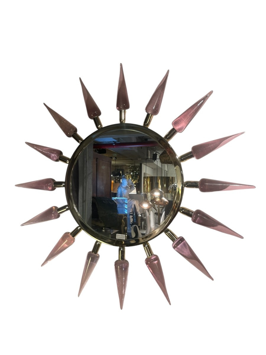 Miroir En Verre De Murano Et Laiton Attribué à Gino Cenedese