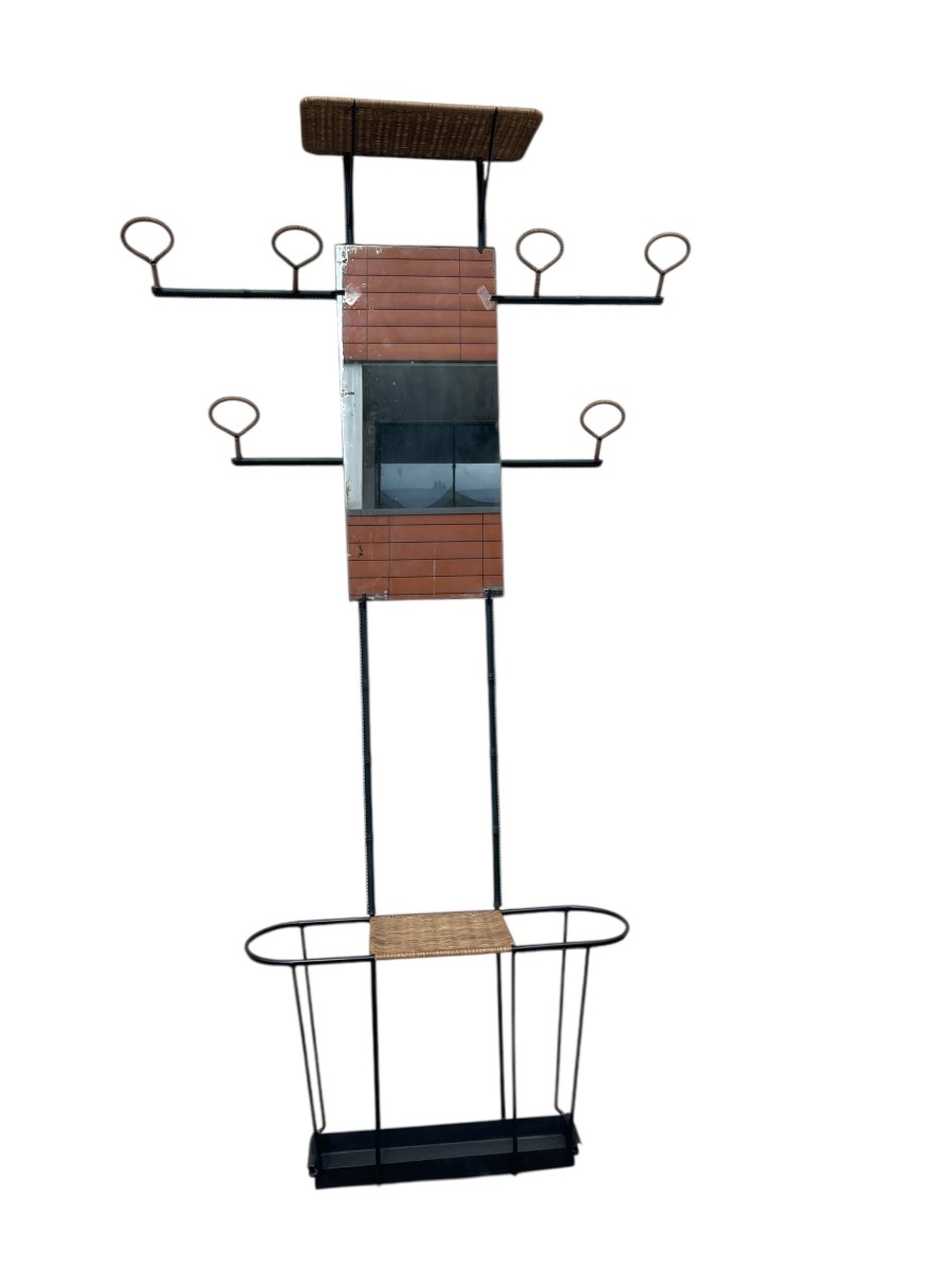 Large Stitched Leather And Rattan Coat Rack By Jacques Adnet