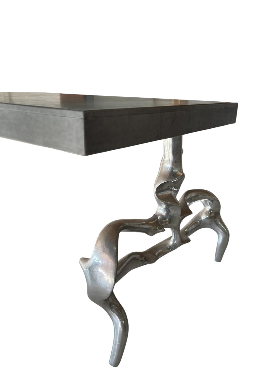 Table basse " Sculpture" en fonte d'aluminium et plateau cuir par Victor Roman-photo-2