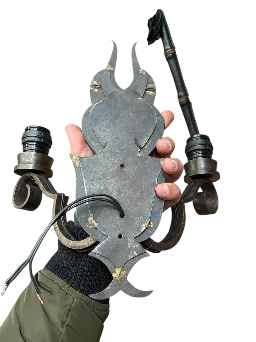 Pair Of Wrought Iron Wall Lights Attributed To Raymond Subes-photo-2