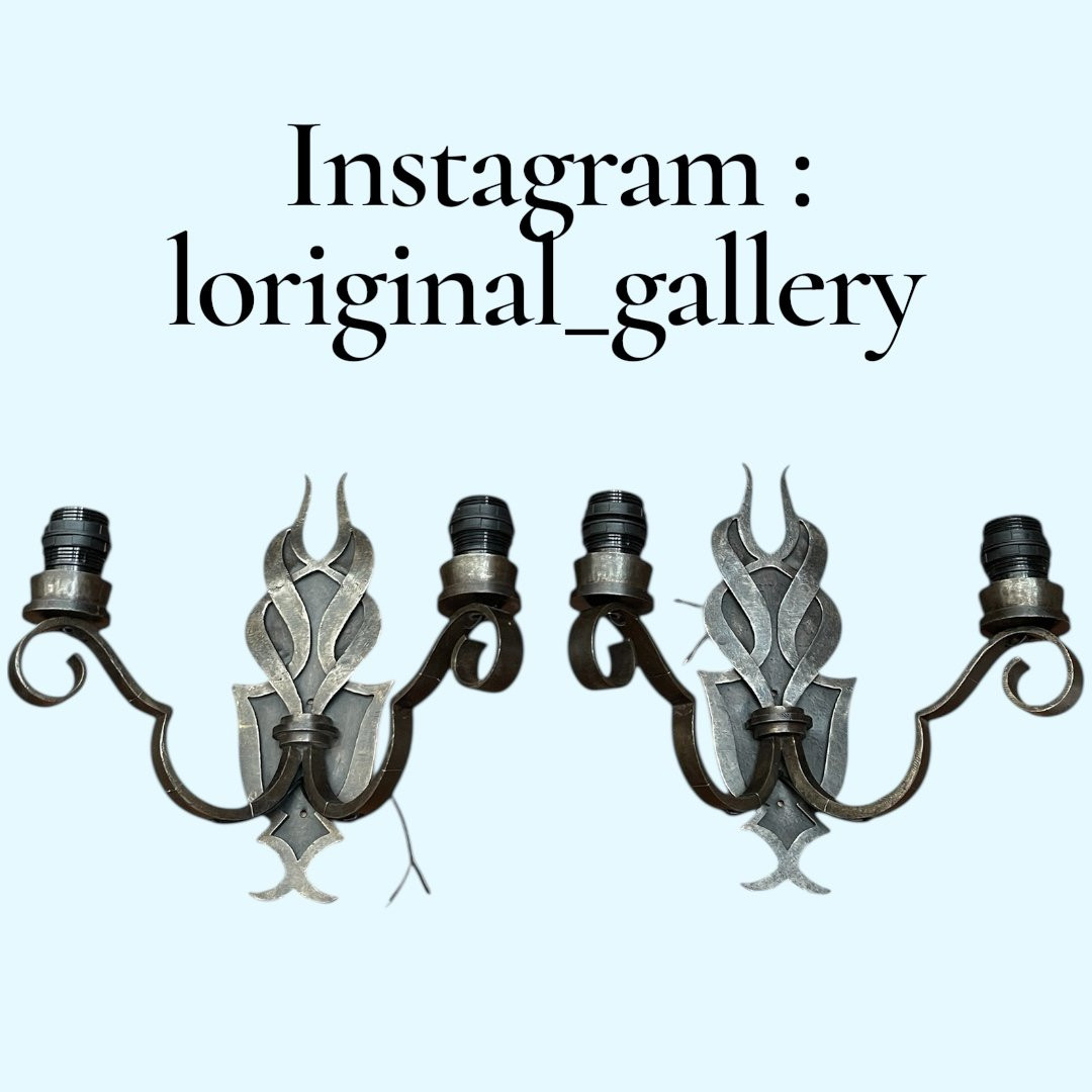 Pair Of Wrought Iron Wall Lights Attributed To Raymond Subes-photo-1