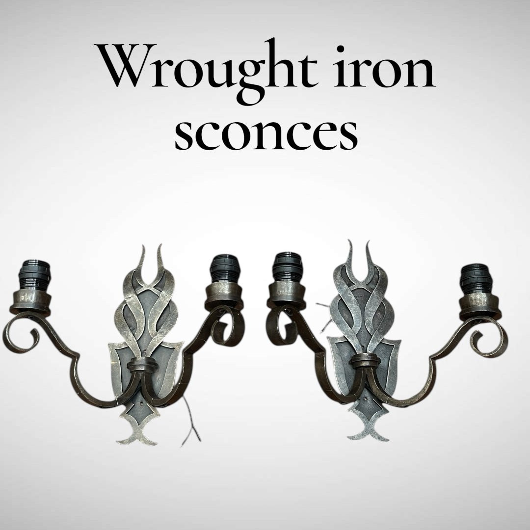 Pair Of Wrought Iron Wall Lights Attributed To Raymond Subes-photo-2