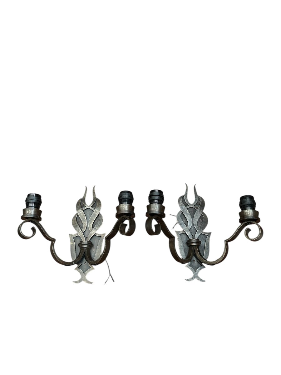 Pair Of Wrought Iron Wall Lights Attributed To Raymond Subes-photo-3