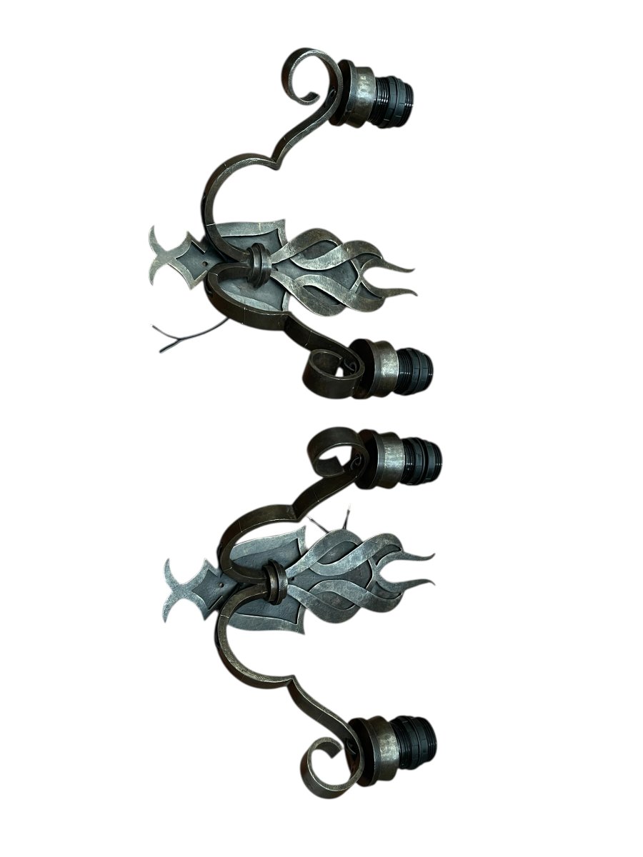 Pair Of Wrought Iron Wall Lights Attributed To Raymond Subes-photo-6