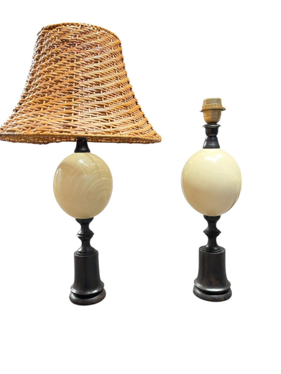 Paire de lampes oeuf d'autruche et palissandre attribué à la Maison  Jansen