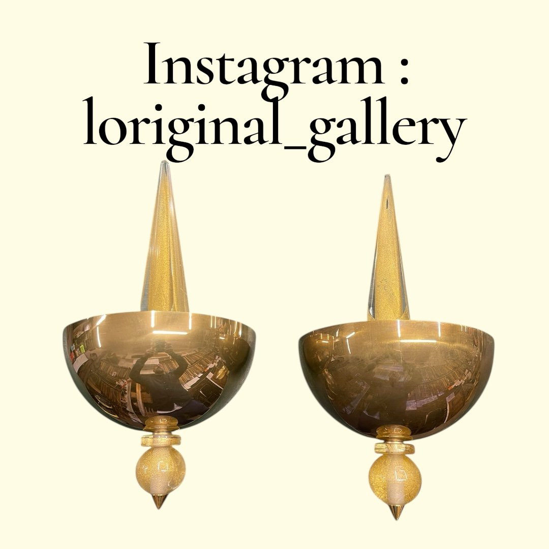Paire d'appliques En laiton et verre de Murano par André Arbus pour Veronèse-photo-5