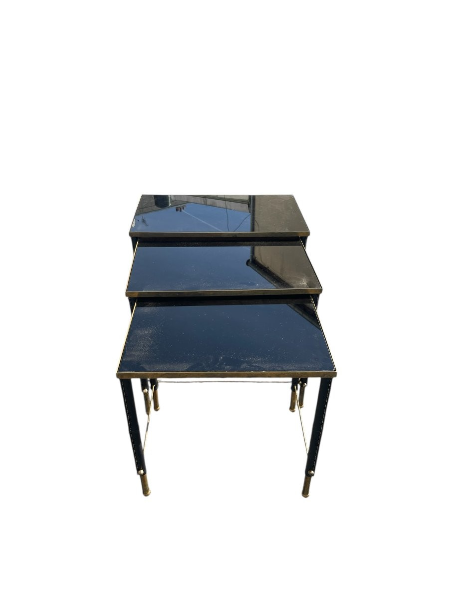 Set Of Nesting Tables Upholstered In Leather And Brass By Jacques Adnet-photo-2